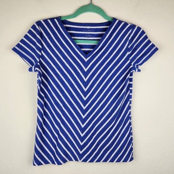 Talbots Linen Blend Blue White Striped V-Neck Short Sleeve Shirt sz PP (XSP) - Picture 1 of 7